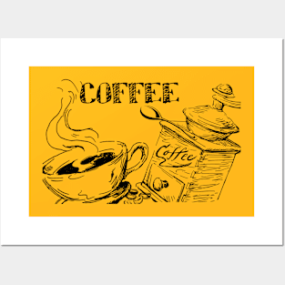 Coffee art with coffee grinder and coffee cup in black and white Posters and Art